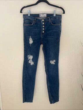 Free People High-Rise Distressed Button-Fly Women’s Jeans - Dark Blue size W 27